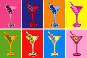 Set of Colored Martini Cocktails with Olives Vector Illustration. Martini Happy Hour. Vodka. artificial art