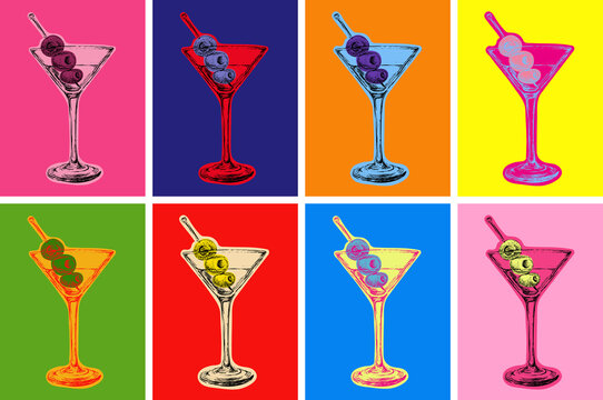 Fototapeta Set of Colored Martini Cocktails with Olives Vector Illustration. Martini Happy Hour. Vodka. artificial art