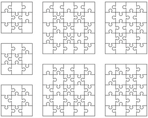 Illustration of seven different white puzzles, separate pieces