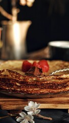 Thin crepes, pancakes or blinis on slate isolated on black background, tasty breakfest