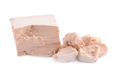 Fresh pressed yeast, isolated on white background. Compressed fresh yeast block.