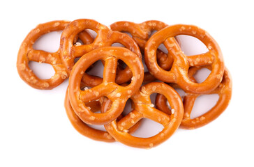 Bretzels cracker isolated on white background. Dry cracker cookies isolated. Salty snacks isolated. Top view.