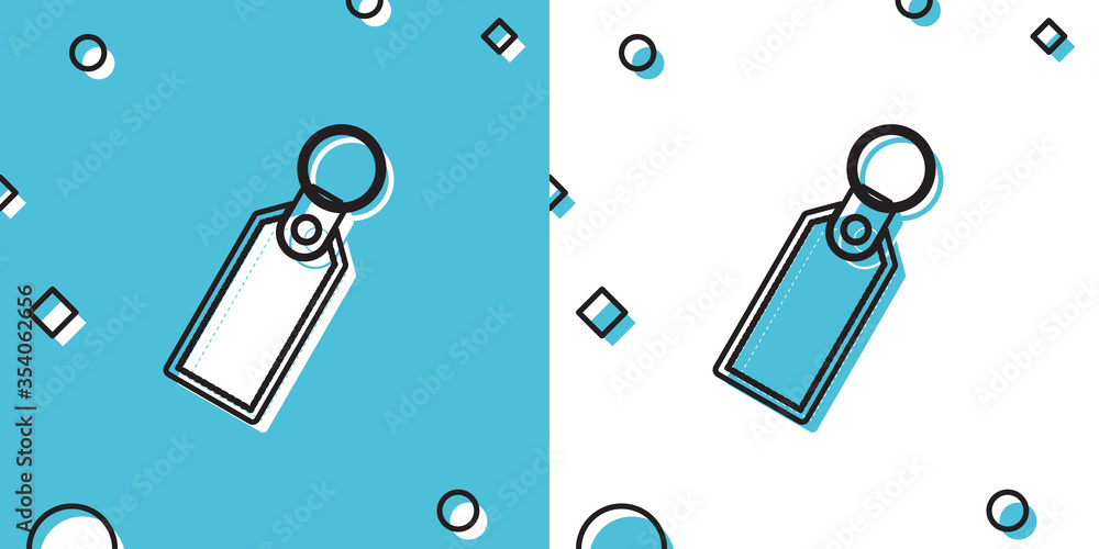 Poster black rectangular key chain with ring for key icon isolated on blue and white background. random dyn