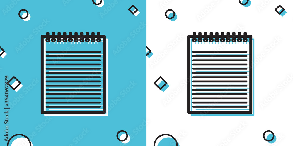 Poster black notebook icon isolated on blue and white background. spiral notepad icon. school notebook. wri