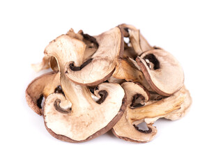 Dried sliced mushrooms isolated on white background. Dry champignons.