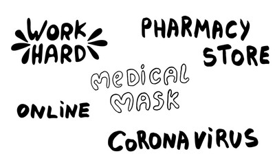Fototapeta premium Vector hand drawn medicine illustration. Collection of handwritten lettering pharmacy text