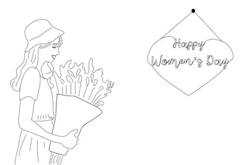 Hand drawing beautiful girl holding bouquet of flowers in hand. Happy Women Day Black outline flat vector illustration isolated on white background.