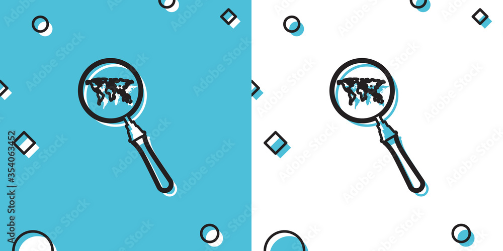 Poster Black Magnifying glass with world map icon isolated on blue and white background. Analyzing the world. Global search sign. Random dynamic shapes. Vector Illustration