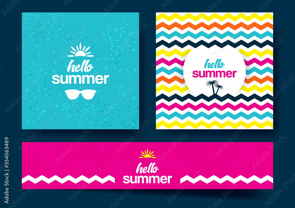 Poster set of three summer abstract color templates with graphic elements and inscription hello summer. vec