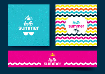 Set of three summer abstract color templates with graphic elements and inscription Hello summer. Vector illustration.