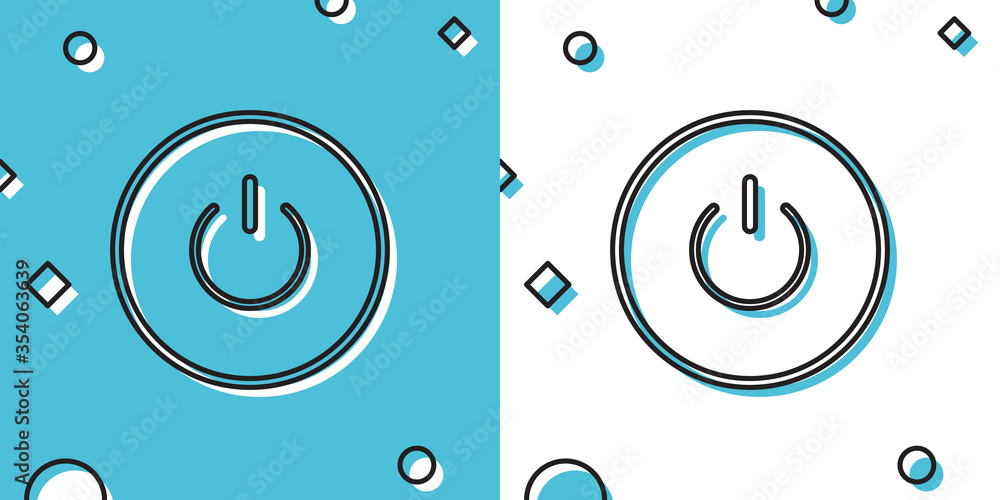 Poster black power button icon isolated on blue and white background. start sign. random dynamic shapes. ve