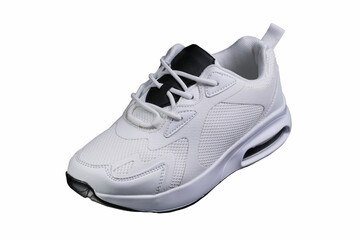 White sneaker with black accents isolated. Sports shoes on a white background.