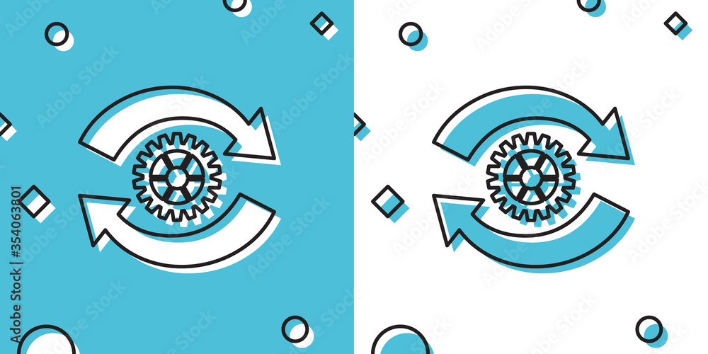 Poster black gear and arrows as workflow concept icon isolated on blue and white background. gear reload si