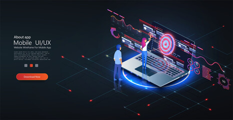 Application of laptop with business graph and analytics, analysis data on isometric. Modern flat design isometric concept of Marketing Strategy for banner and website. Landing page template. Vector