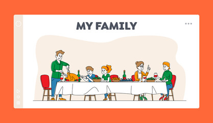 Big Family Feast Landing Page Template. Thanksgiving Celebration Dinner at Table with Food. Happy People Eating Turkey Meal and Talking, Cheerful Characters Festive Lunch. Linear Vector Illustration