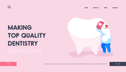 Stomatologist Work Landing Page Template. Tiny Dentist Doctor Character Care of Huge Tooth Examine Xray Image. Stomatology Service, Dentistry, Caries Prevention, Treatment. Cartoon Vector Illustration