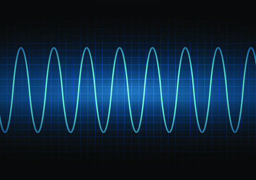 Signal amplitude. Voltage waveform. Sound wave of light on a dark background. Stock vector illustration.