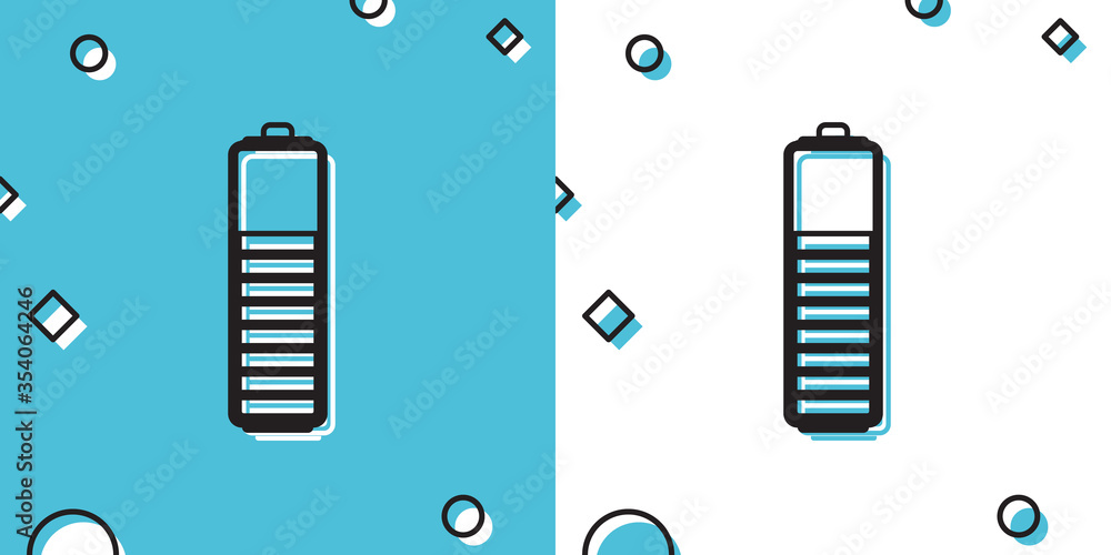 Poster black battery charge level indicator icon isolated on blue and white background. random dynamic shap