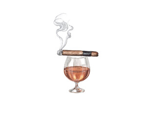 Watercolor illustration of cognac and cigar on a white background