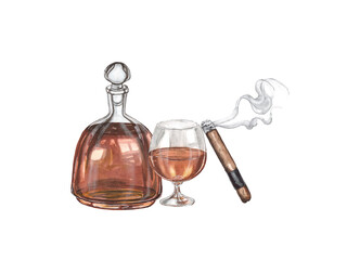 Watercolor illustration of cognac on a white background