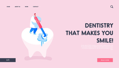 Stomatology Clinic Care Service, Dentistry Landing Page Template. Tiny Dentist Doctor Character Cleaning or Polishing of Huge Tooth with Rolling Brush. Caries Prevention. Cartoon Vector Illustration