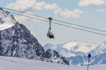 Dolomites Alps mountains in spring with cable car in Italy, Madonna di Campiglio TN