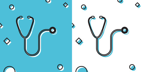 Fototapeta na wymiar Black Stethoscope medical instrument icon isolated on blue and white background. Random dynamic shapes. Vector Illustration
