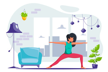 Obraz na płótnie Canvas Woman doing yoga at home in modern interior. Vector illustration in a flat style