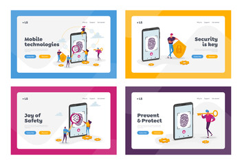 Cyber Security, Futuristic Technology Landing Page Template Set. Fingerprint Scanning Smartphone Access Lock. Tiny Characters at Huge Mobile Phone with Finger Scan. Cartoon People Vector Illustration