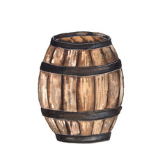 Watercolor illustration of an oak barrel on a white background