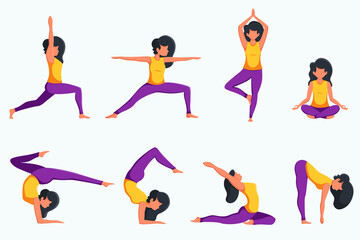 Woman practicing yoga, set of different poses. Healthy lifestyle. Vector illustration in flat style