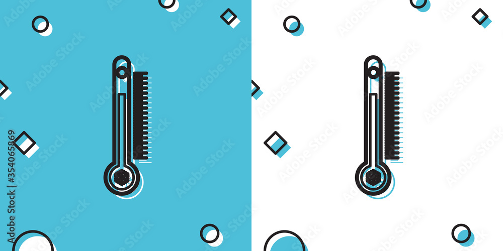 Poster black thermometer with scale measuring heat and cold, with sun and snowflake icon isolated on blue a