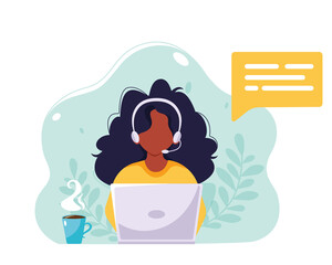 Black woman with headphones and microphone working on laptop. Customer service, assistance, support, call center concept. Vector illustration in flat style.