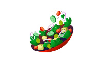 Vegetarian salad with cherry tomatoes, tofu cheese, lettuce, cucumbers, olives, blue onion rings flying in levitation style