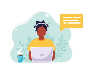 Black man with headphones and microphone working on laptop. Customer service, assistance, support, call center concept. Vector illustration in flat style.