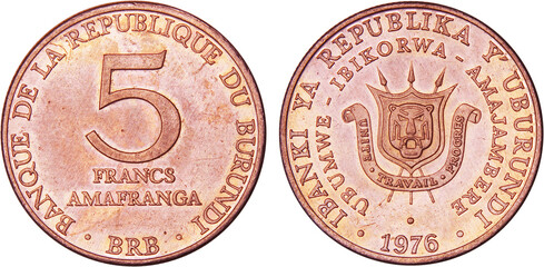 5 Burundian Francs Coin, 1976, Burundi, National Currency