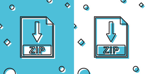 Black ZIP file document icon. Download ZIP button icon isolated on blue and white background. Random dynamic shapes. Vector Illustration