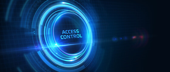 Business, Technology, Internet and network concept. Business man working on the tablet of the future, select on the virtual display: Access control. 3D illustration.