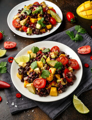Avocado, mango salad with black bean on white plate