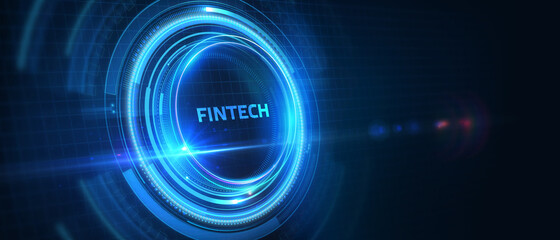 Fintech -financial technology concept.Young businessman  select the icon Fintech on the virtual display. 3D illustration.