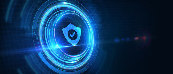 Cyber security data protection business technology privacy concept. Young businessman  select the icon security on the virtual display. 3D illustration.