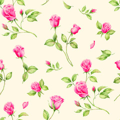 Summertime garden flowers English Roses watercolor seamless pattern.