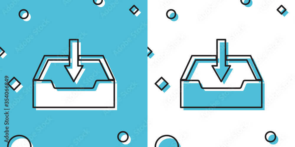 Poster black download inbox icon isolated on blue and white background. random dynamic shapes. vector illus