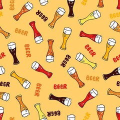  Glasses with different beers and beer lettering . Oktoberfest Seamless pattern on yellow background. Hand drawn vector doodle sketch. Vector illustration.