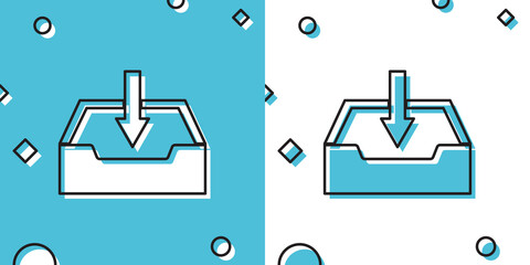 Black Download inbox icon isolated on blue and white background. Random dynamic shapes. Vector Illustration