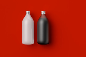two multi-colored bottles or containers on a red background, 3D rendering, web banner or template