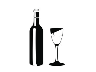 Black and white Wine bottle with Glass isolated on white  Background