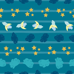 Cute seamless pattern sky with couds, moon, and stars on striped blue background