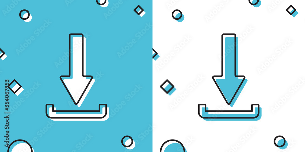 Poster black download icon isolated on blue and white background. upload button. load symbol. arrow point t