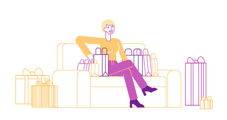 Young Woman Customer, Shopaholic Character Sitting on Armchair with Many Colorful Shopping Bags around. Happy about Making Lot of Purchases in Mall. Girl Shopper in Store. Linear vector Illustration